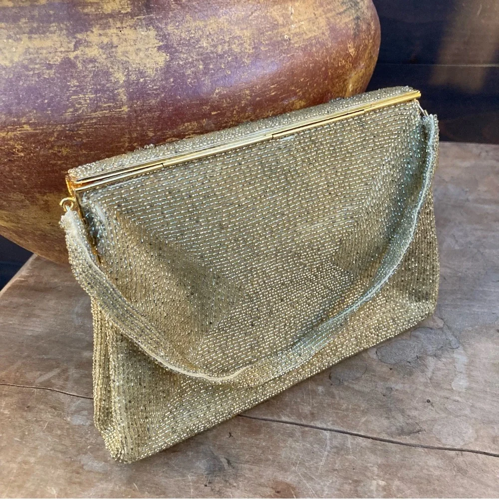 Vintage French DELILL Purse gold beaded lotus flower mini strap dainty art deco